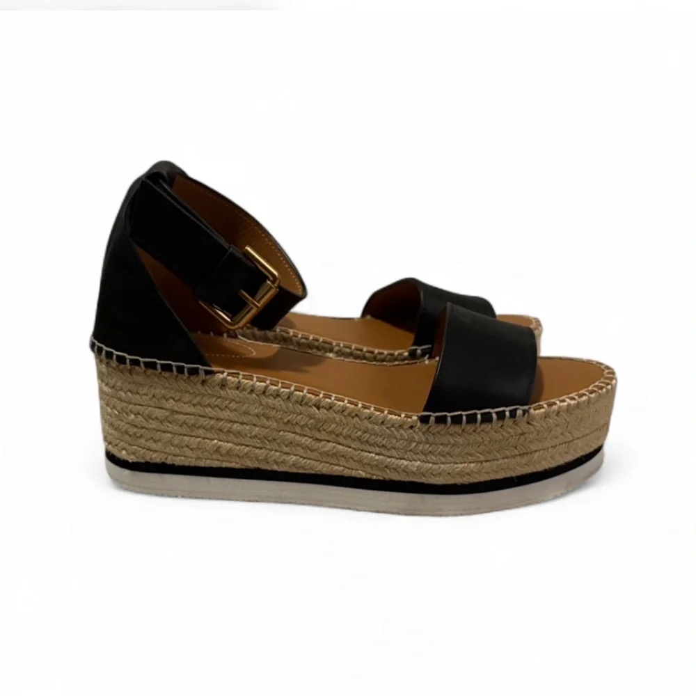 See by Chloe Espadrille Calfskin Leather Jute Platform Sandals